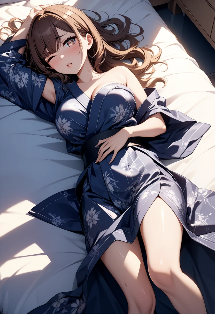 Italian girl, 25 years old, wavy brown hair, lab coat, busty, lying on her bed, hands and legs are tied with ropes to the edges of the bed