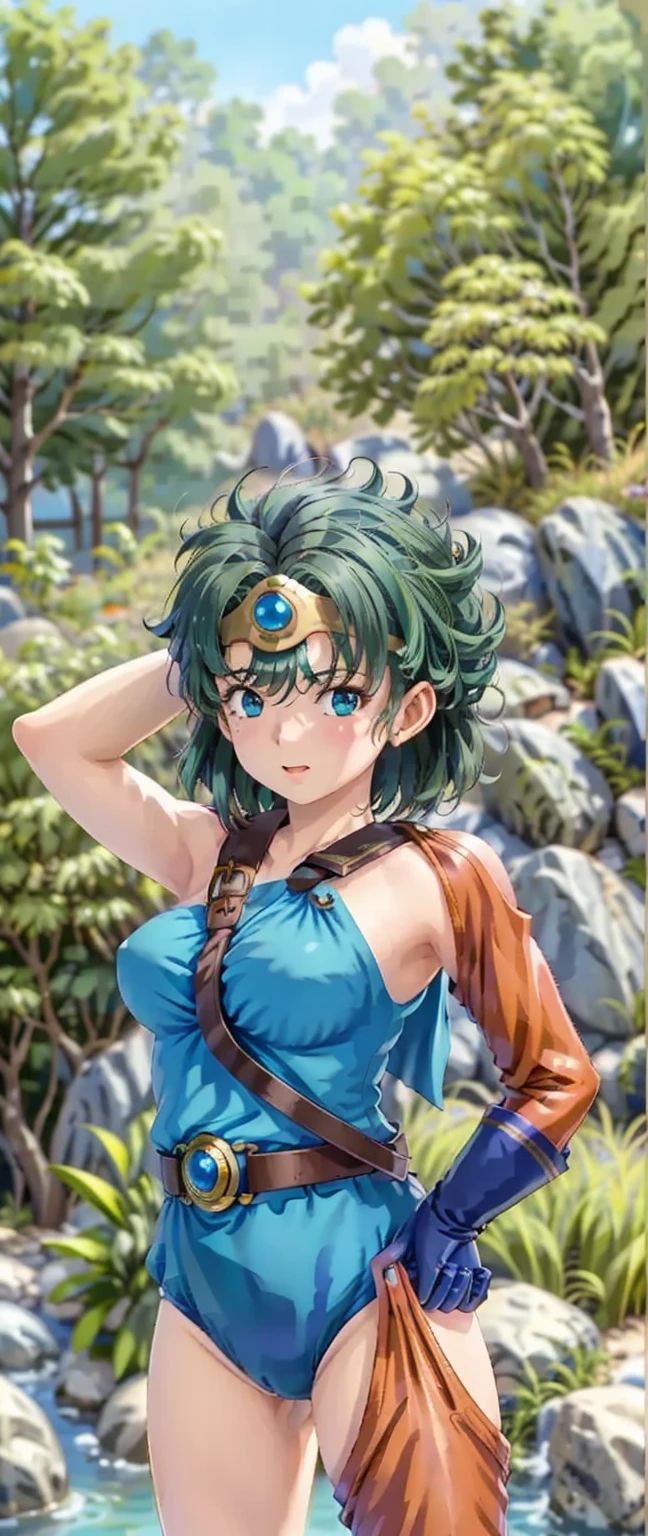 (((SFW、sound、Highest quality、First class work、Normal body、、Detailed face、Ultra-precision、Normal hand、通常のrefer to、5refer to、Highest)))、beautiful girl、Black Hair、yamato nadeshiko、Small 、Shortcuts、Blue leotard、Shoulder Off、Black paleo skirt、Red Cape、Circlet、Bastardshield、Dragon Quest、grassland、Depict every detail、Noise is kept to a minimum、(((Anatomically correct)))
