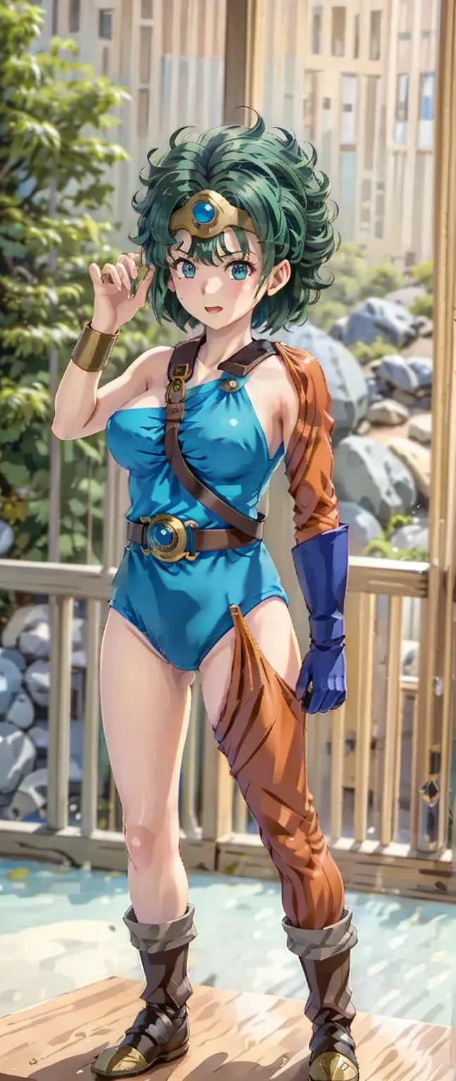 (masterpiece, Highest quality:1.1), (sheathに納められた武器, Weapon on the back, Sword on the shoulder:1.1), internal (dq3), One girl, alone, short hair, Brown Hair, blue eyes, Circlet, Large Breasts, Cleavage, Strapless, Blue clothes, Purple Cape, Knee socks, gloves, boots, belt, sheath,, knee boots, Simple Background,