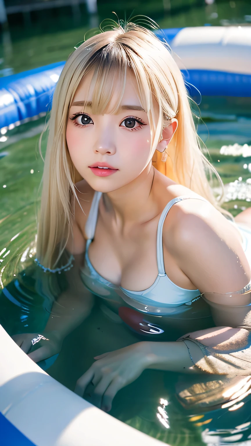 School swim wear、onepiece swimsuit、breasts are large、Anime Big、((Being on all fours))、voluminous twintails、(((Heart mark to hide areola))、Torn clothing、A slight smil、Wet、Water dripping from the body、Shiny skin、shiny udder、a beauty girl、Lori:1.9、kawaii、(((White liquid smeared)))、Slimy skin