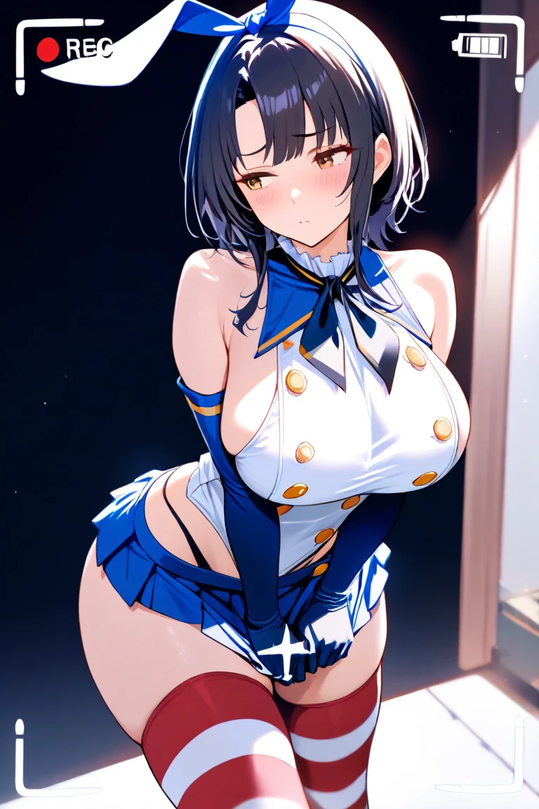 masterpiece,最高品質, 傑作,facialblush,in hotel, (from below:1.2),looking at viewer,fog,vulgarity,shy,standing in bedroom,r,ts3, side ponytail,see through white dress, blue gloves, bare shoulders,nipples erect,lift skirt,skirt lift,hands grab skirt,panties,stained panties, pee stain,stained panties, pussy juice stain,open shirt,pubic hair,