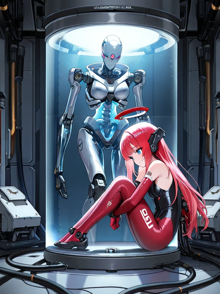 Intricate illustration in imaginative and cybertic surrealist art style,Translucent red twin tails Ether Machine Girl Surrounded by complicated medical equipment how it is being treated,she's a whole machine It is placed in a large transparent tank of culture medium.The body is in the shape of a cross Red tubes that look like thin blood vessels are connected to medical equipment throughout his body.In the culture solution, she looks down and closes her eyes.masterpiece, high resolution, high resolution images, 4, 8k ultra detail