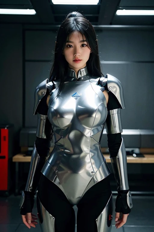 There is a woman in a shiny bodysuit posing for a photo, shiny metallic glossy skin, Photorealistic perfect body, shiny plastic armor, goddess of Japan, an oppai cyberpunk, wlop glossy skin, chrome bodysuit, 8k artgerm bokeh, Translucent body, shiny plastic, shiny armor, wearing shiny breastplate, Wearing futuristic armor, Cute cyborg girl