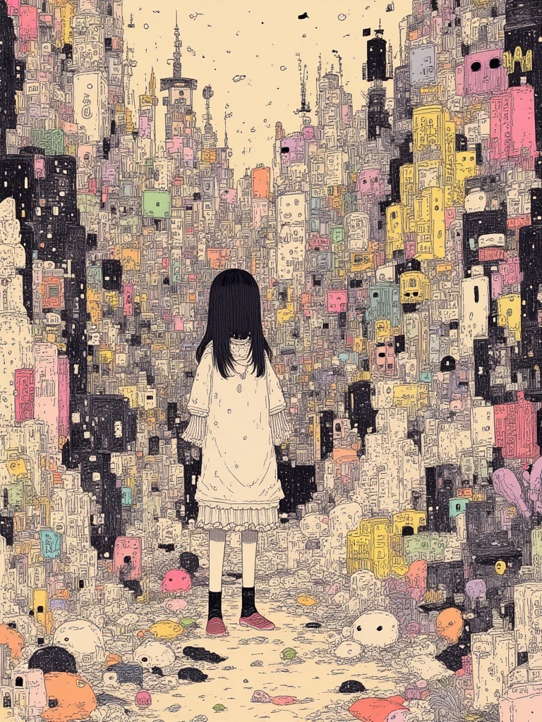 anime girl standing on stairs with eyes in the background, eerie art style, with multiple eyes, yume nikki, eerie and grim art style, dreamy psychedelic anime, inspired by Junji Ito, by Yanagawa Nobusada, glowing eyes everywhere, scary eyes, with anxious piercing eyes, too many eyes, eyes everywhere, digital art 4k unsettling, multiple eyes