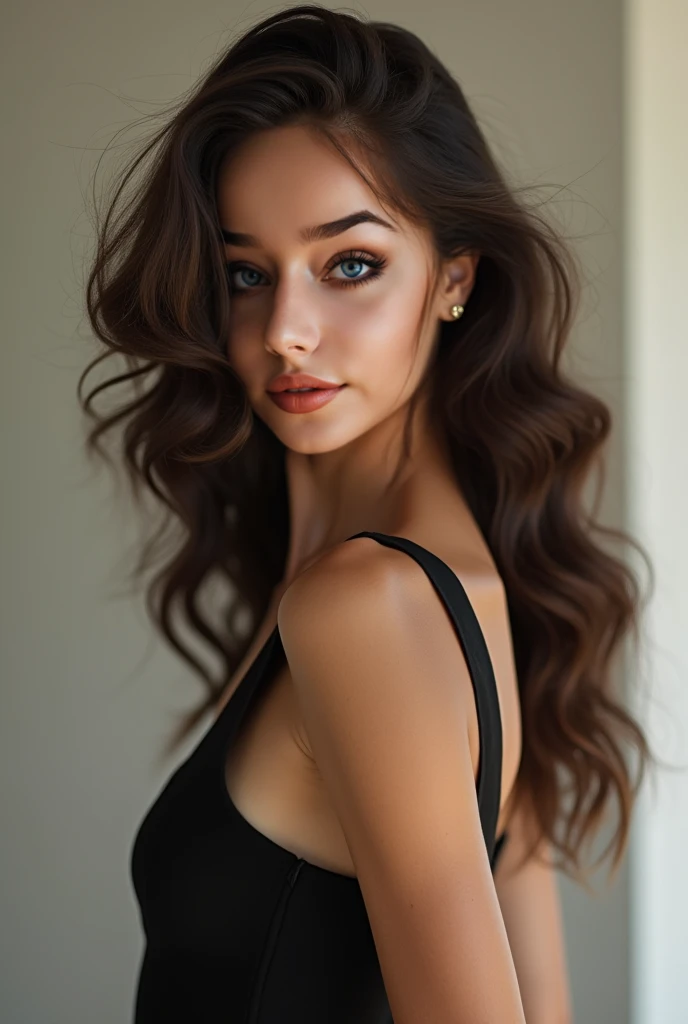 create a teen girl,side view,girl looking at camera,bra,up boobs,big boobs 