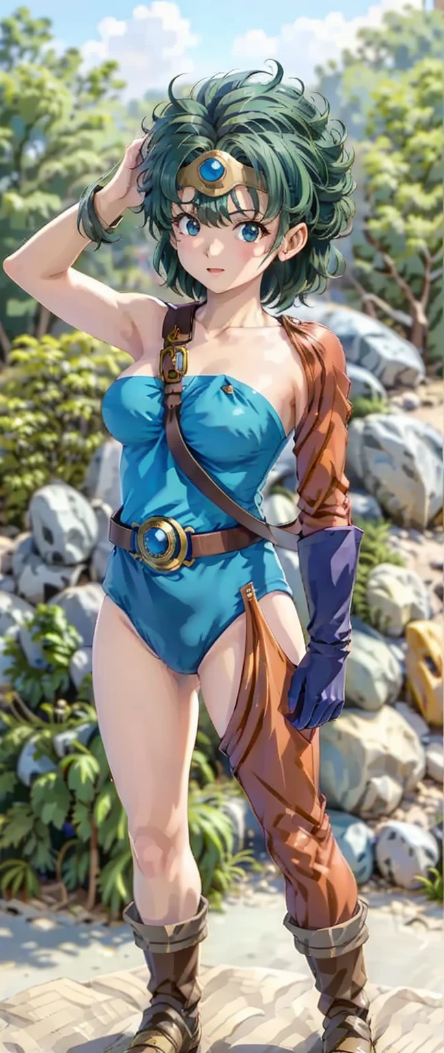 (((SFW、sound、Highest quality、Top notch work、Normal body、、Detailed face、Ultra-precision、normal hand、Refer、5refer、Highest)))、beautiful girl、Green Hair、yamato nadeshiko、Small breasts、Shortcuts、Blue leotard、muscular、Red Cape、Circlet、Dragon Quest、Female Heroes、 Fight、Fight is ready、Sweep with a sword、Please put your hands together in front of you.、Place your hands behind your back、Please put your hands on your hips、cover your chest with your hands、((Executed perfectly:Frame yourself from head to toe,Standing posture,Draws in great detail、There is no anatomical problem))、forest