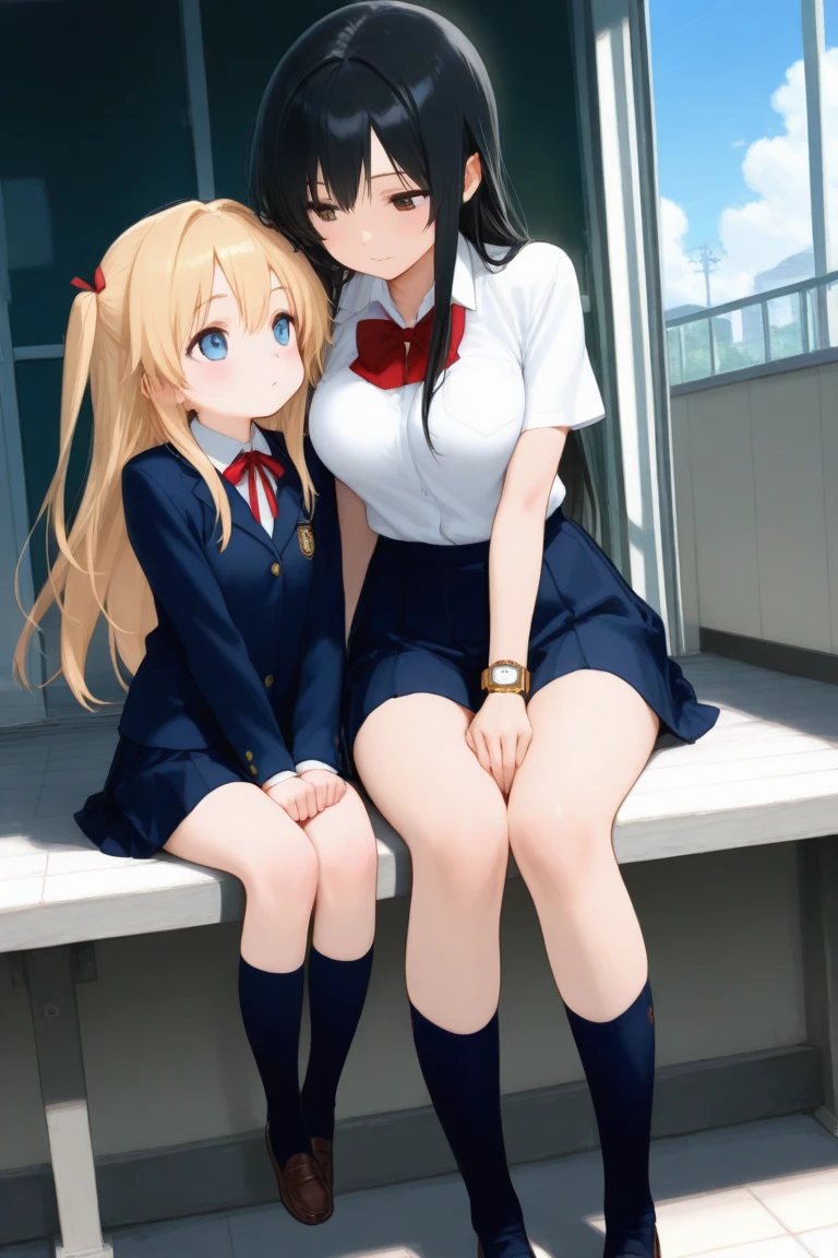 ((2 girls)), 10 years old, stand, long hair, golden hair, purple eyes, ((purple underwear)), (((Worn school uniforms))), ((naughty face)), (medium breasts), (cleavage), (((showing underwear))), (((((skirt lift by myself))))), (from front), from below, ((looking at viewer)), ((((squat)))), (((spread your legs wide))), ((32K)), ((best quality)), ((ultra high res)), ((HDR)), ((uhd)), ((extremely detailed CG)), ((unity 32K wallpaper)), ((perfect anatomy)),
