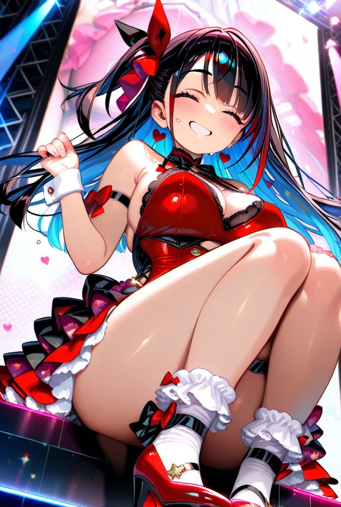Pov assgrab, nude,sparkl,1girl,solo,mask on head,hair ornament,symbol-shaped ,detached sleeves,looking at viewer,hair ornament,detached sleeves , laughing, crazy laugh