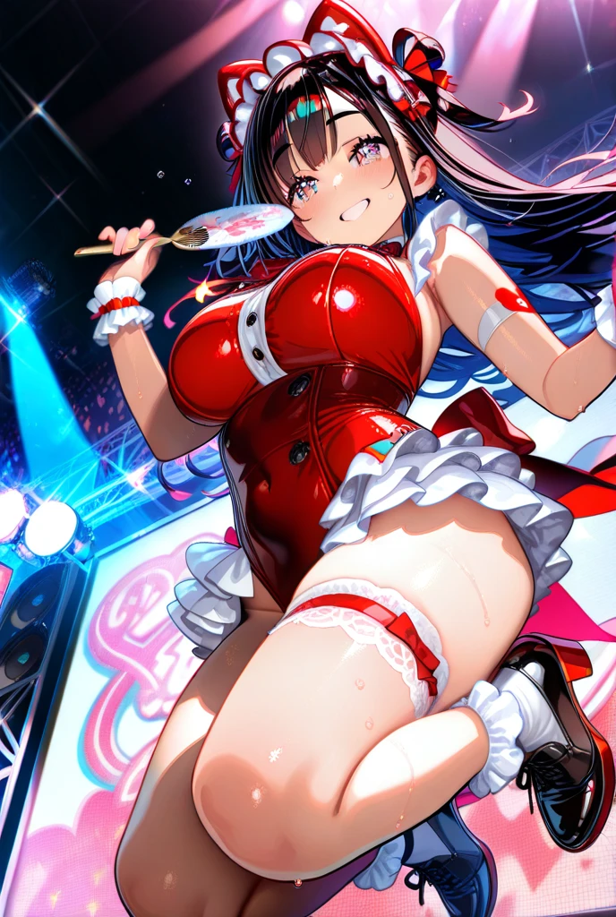 score_9, score_8_up, score_7_up, source_アニメ, sakimiya iruka, red hair, green eyes, one side up, medium hair, green scrunchie, hair ornament, shiny skin, rating_explicit, big breasts, large ass, bondage corset, (shocked),(tears:1.3),(sweat:1.2), shout,(steam on body, heavy breathing), (trembling:1.5), drooling, bouncing breasts, unaligned breasts,(motion lines:1.2), (motion blur:1.4),(pussy juice, Squirting:1.4), (troll:1.2), (2men, vaginal penis),(arched back:1.2), 2penises,(huge penis:1.6), (head grab:1.2), (cum in pussy:1.3), excessive cum,(cum in mouth, cum on tongue, facial, cum on hair), projectile cum, cum string, pole dance, on stage, (from below:1.3)