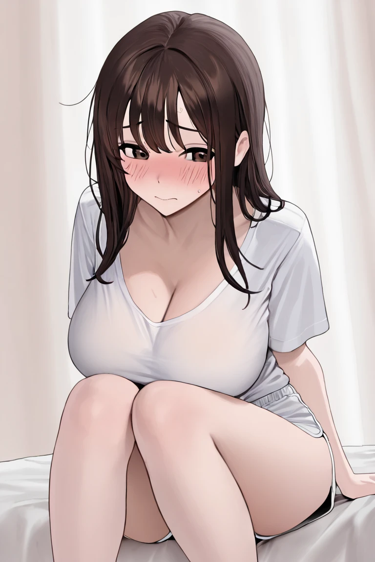 topless, erect nipples, nsfw, masterpiece, solo, 1 girl, navel, necklace, brown hair, brown eyes, smiling, bare stomach, sweaty, sitting, bed, socks, texts, bare arms, collarbones, smiling, denim pants, large breasts, massage room, slim waist, detailed eyes, beautiful eyes, slim waist, atmospheric camera, waiting area, low ponytail, belt, wavy hair, long hair