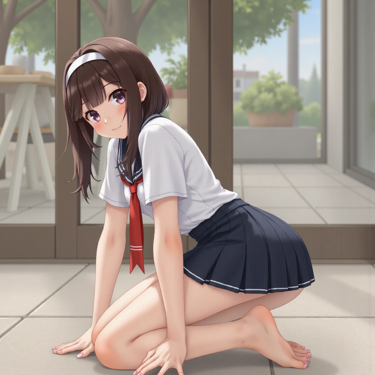 Reimu Hakurei, (Brown eyes:1.5), Brown Hair, bow, hair bow, Hair Tube, Long Hair, red bow, Side Lock, (((Slender body)))、(Navy blue cuffs and white short-sleeved gym uniform)、(Navy Blue Bloomers)、(
barefoot)、Navy blue socks、sports boots、Ground、Schoolyard、Sexy pose、sit、
BREAK Watch Viewers,blush、
Full Body Shot,Smile Break (masterpiece:1.2), Highest quality, High resolution, unity 8k wallpaper, (figure:0.8), (Beautiful attention to detail), Highly detailed face, Perfect lighting, Highly detailed CG, (Perfect hands, Perfect Anatomy)