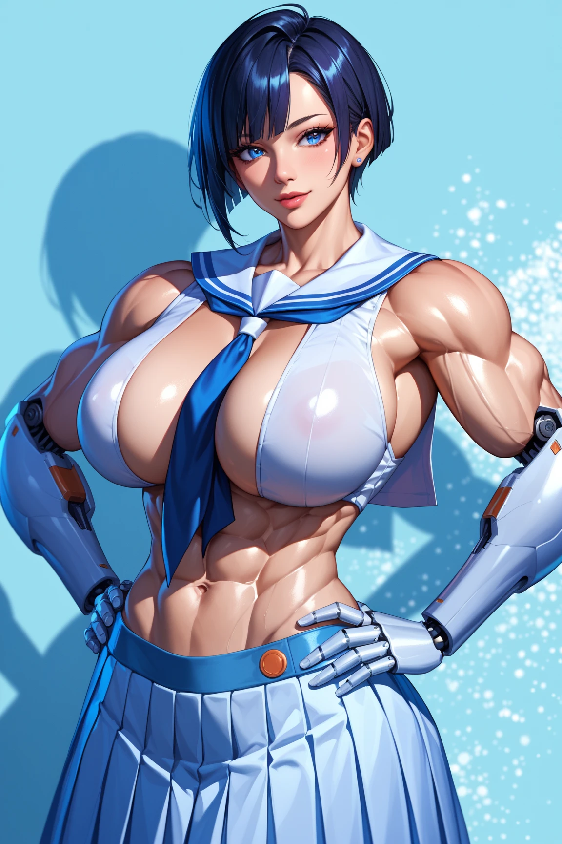 (realistic: 1.4), highest quality, very delicate and beautiful, High resolution, masterpiece, best quality, asagi, 1girl, breasts, solo, sweat, white bodysuit, large breasts, smile, (abs:1.2), toned, looking at viewer, hand on hip, blush, huge breasts, blue hair, very short hair, green eyes, (muscular:1.1), combat uniform