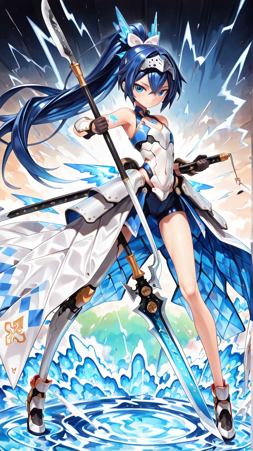 Masterpiece, Best Quality, Eula\ (Genshin Impact), 1 Girl, Solo, Blue Hair, Gloves, Look at the Audience, Smile, Headband, Tie, Thighs, Long Sleeves, Hair Accessories, Genshin-Impact, Thighs, Bangs, Sky, Blue Tie, Outdoor, Black Glove, Black Headband, Yellow Eyes, Closed Mouth, Cloak, Medium Hair, Copyright Name, Blue Sky, Long Hair, Water, Sky, Clouds, Bare Shoulders, Stockings, Thigh Straps, Clothing Cut, Shoulder crop, blush, side locks, blue cape, black thigh height, colored eyes, denim shots