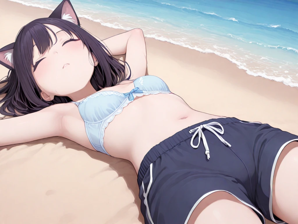 Best quality,one-girl,cat ear,Small chest,A white bikini,brassiere,blackstockings,White under underwear,soaking wet,Drenched,face flushed,dreads,embarressed,spread their legs,seductiv