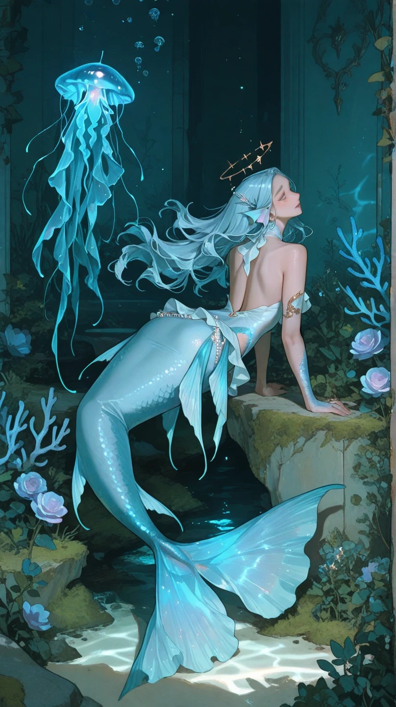 1 male, underwater, soft body, pretty looking man, slim waist, small, lean body, undersea, with many coral tentacles and vines, male (mermaid), transparent jellyfish (purple), mermaid tail, naked, breasts, pearl necklace, bracelet, small diamond belt, light pink, dolphin, good quality, good light, bubbles, gray hair, light purple eyes, long hair, long wavy hair,