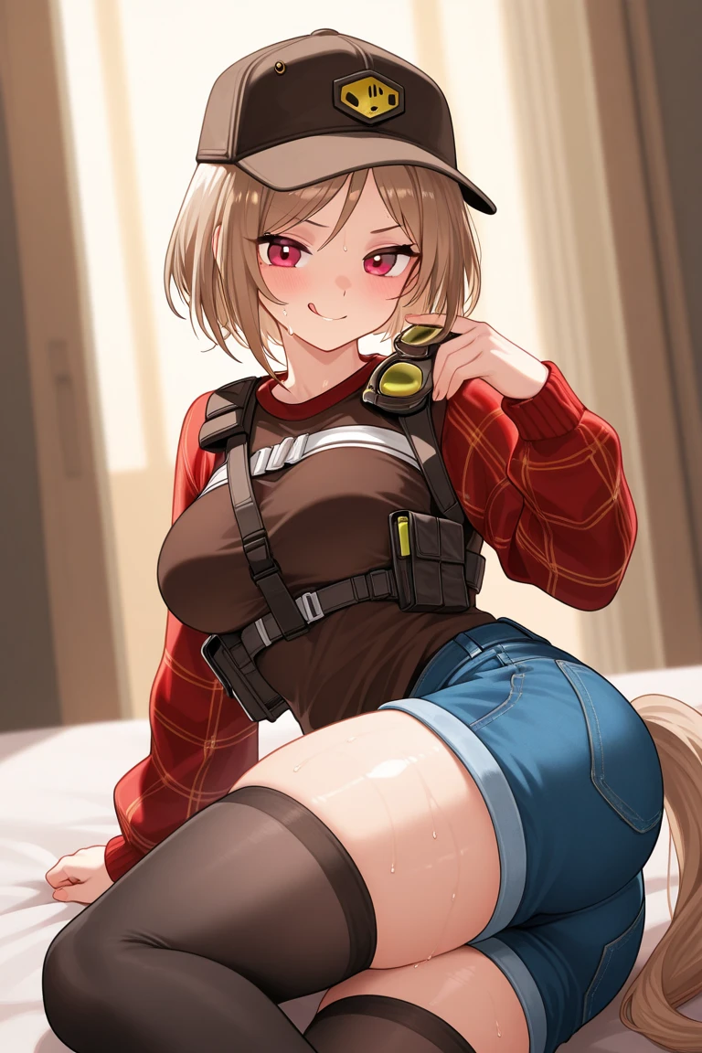 NSFW,Might be, shirt, Bike Shorts, bandana, 赤のshirt, hair band, Medium Hair, gloves, Shorts, 弓のhair band, No sleeve, 赤いbandana,Embarrassed,blush,In heat,A wistful look,I feel pleasure,(Perfect hands),(Perfect Anatomy),(masterpiece),(highest quality)