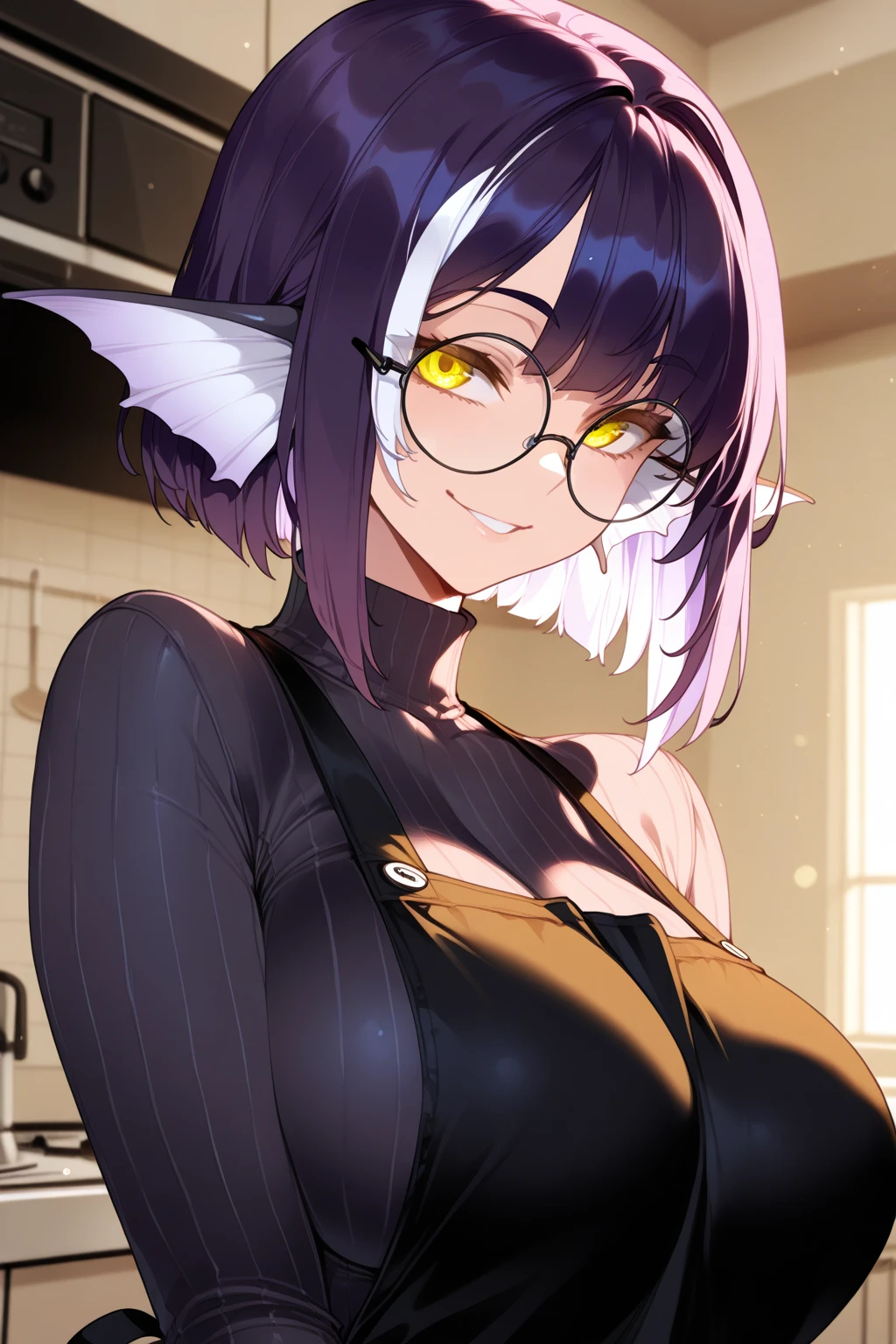 Vermilion,1 girl,Alone,old,dress,Red eyes,large old,demon girl,looking at the viewer,short dress,turtleneck,sleeveless,bare shoulders,black dress,hair between the eyes,virgin killer sweater,multicolor fur,faded hair,evil smile,(purple hair:1.2),simple background,