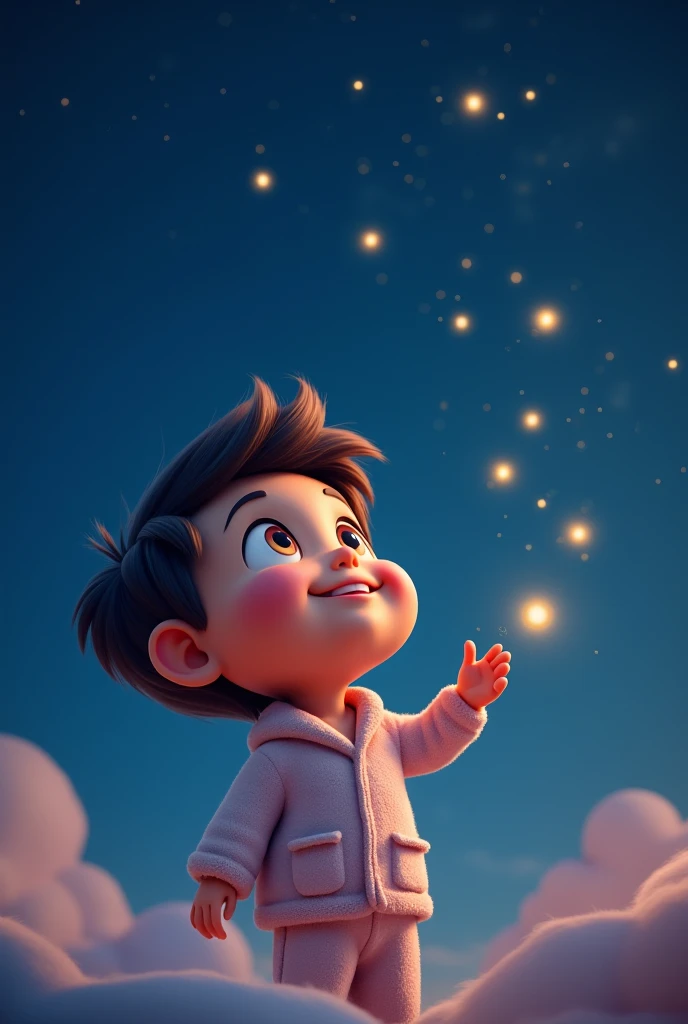 Create UHD photorealistic realistic image, no animation, no 3D image, no Pixar style. A 29-month-old French boy with chestnut hair and bright green eyes, playing with a star-shaped toy under a clear night sky. He is wearing pajamas with little stars, looking up with a smile. The background shows a sky full of stars with a crescent moon. Captured with a Nikon D850, 85mm lens, f/1.4, using low light to emphasize the stars. His five fingers are visible, making the image perfect for a family album.