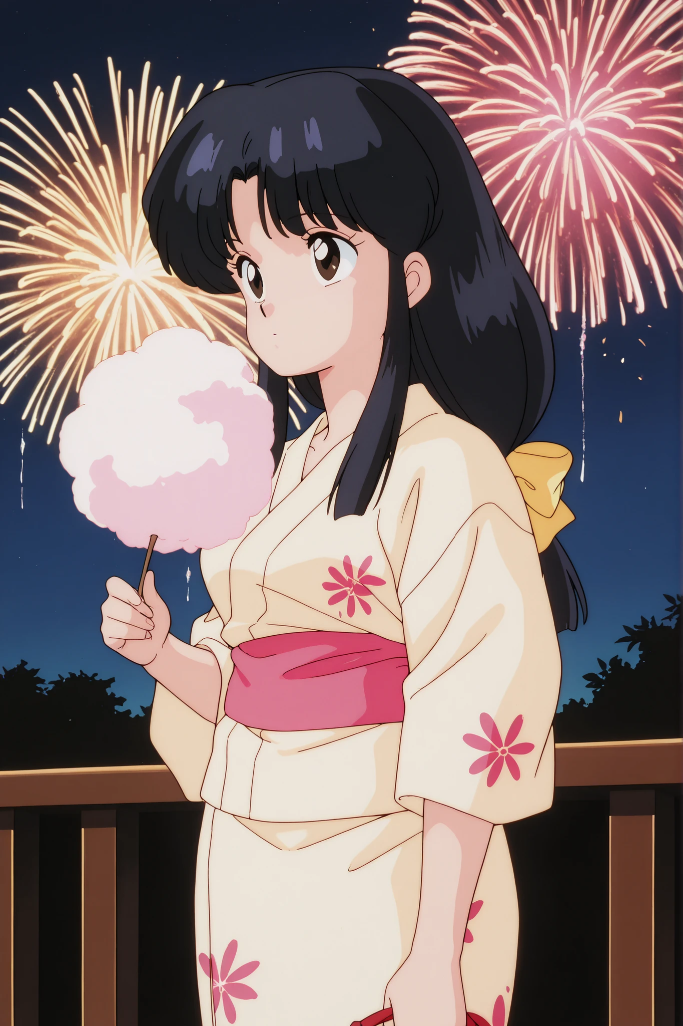 masterpiece, best quality, newest, absurdres, highres, detailed eyes, beautiful, detailed background, perfect eyes, anime coloring, masterpiece, best quality, newest, absurdres, highres, detailed eyes, beautiful, detailed background, perfect eyes, anime coloring, retro artstyle, 1990s \(style\), 1girl, solo, tendou akane, black hair, long-tied long hair, sidelocks, brown eyes, medium ,yukata,fireworks, japanese festivals, cotton , japanese fans,