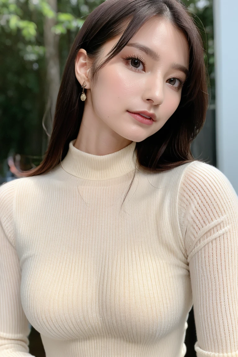 realistic photos of 1 cute Korean star, ponytail, white skin, thin makeup, 34 inch breasts size, wearing turtle neck, at the bay, , upper body portrait, UHD