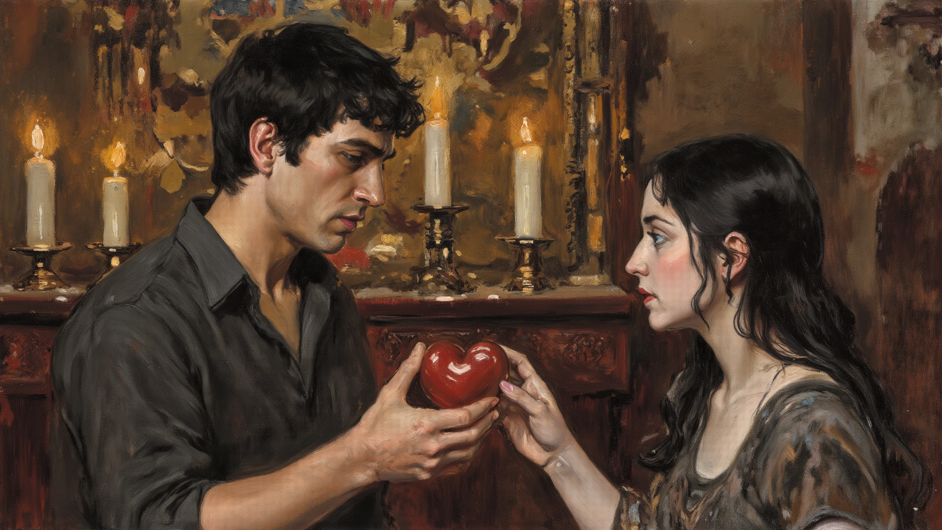 A realistic horror painting in which a desperate and tormented man is being rejected by a woman. The man, with an expression of deep despair and wide eyes, kneels holding a bouquet of flowers before the woman, his hands shaking as he begs for her love. His skin is pale and marked with dark veins, as if the rejection is literally draining the life out of him. The woman, with an ethereal and sinister beauty, stands above him, looking down at him with a cold and impassive expression. Her eyes are deep and empty, emitting a pale and eerie glow. She is dressed in a red dress that seems to flow like shadows around her feet, and her brown hair waves as if moved by an invisible wind. The surrounding environment is dark and oppressive, with dramatic blue lighting. The contrast between the man's desperate plea and the woman's relentless coldness creates an atmosphere of deep psychological terror.