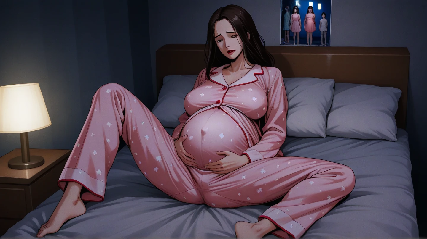 potrait of pregnant women, 23 years old, beautiful face, long hair, use sexy outfit and hijab, put toy in the vagina, in the hot bed