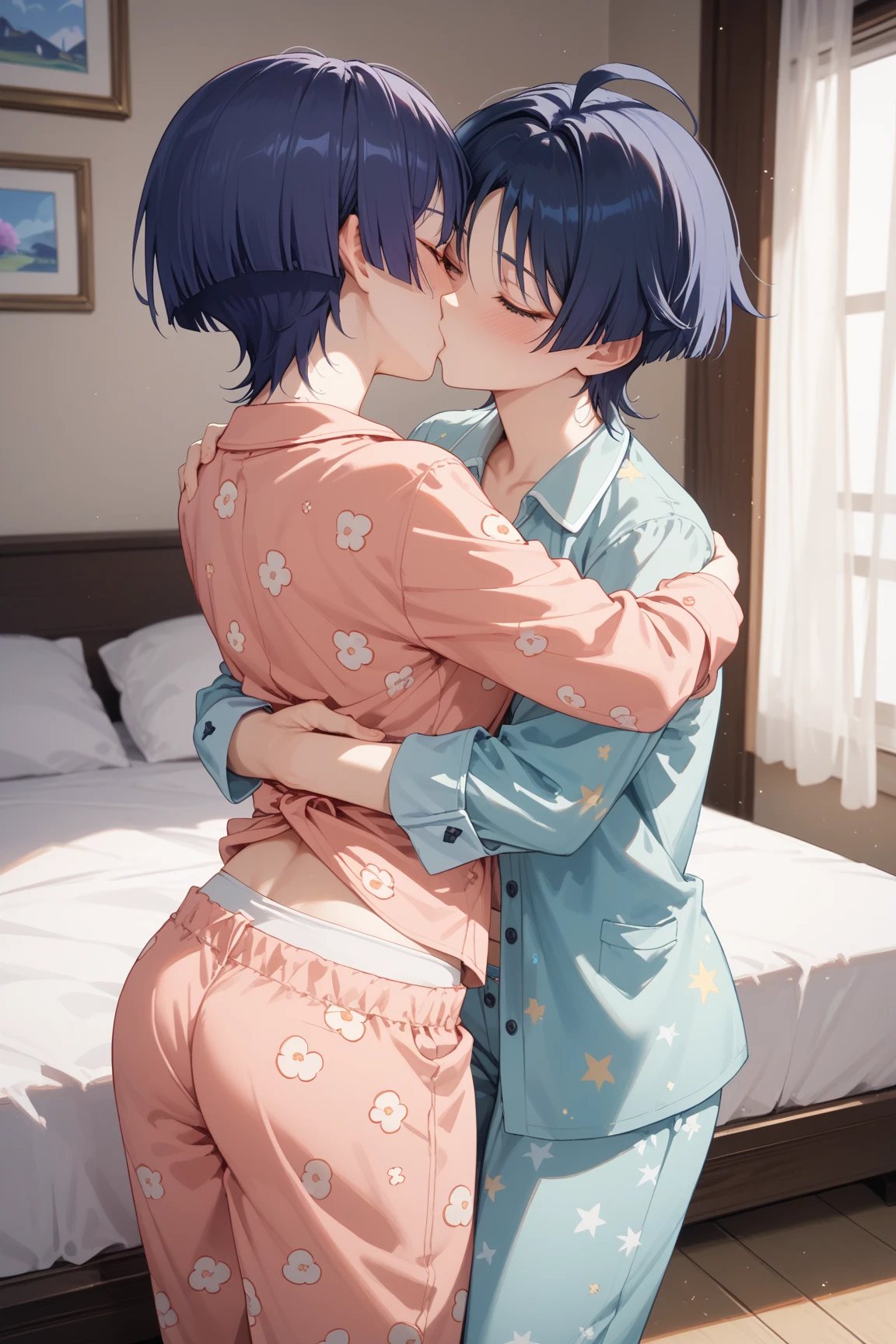 Two 18 year old men lying in bed, they're naked, and hugged their penises are hard
