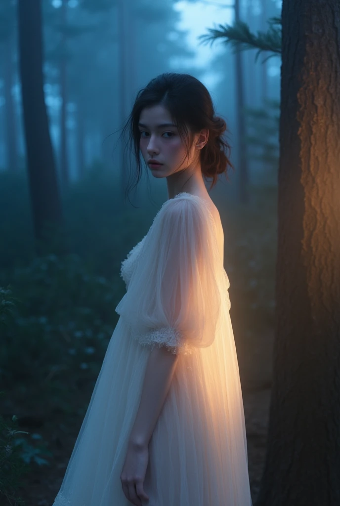 This is a high-quality cinematic portrait photograph, resembling an award-winning piece. It was captured with a high-end full-frame digital camera using cinematic lighting, drawing inspiration from the dramatic yet soft lighting and composition found in Nick Alm's paintings. The image depicts a serene young woman standing amidst a misty pine forest at twilight, illuminated by contrasting cool and warm light.
The central figure is an elegant young woman in her early 20s, featuring a sweet and delicate face, with a heritage that suggests a blend of Kazakh and Xinjiang Chinese features. She has incredibly bright, luminous, and realistically fair skin, where subtle textures and even pores are visible. Her long, dark hair flows gently in a soft breeze, with individual strands gracefully framing her face. She possesses a tranquil gaze and a subtle, mysterious expression that adds depth to her presence.
She is adorned in a light, ultra-sheer, and translucent chiffon dress in a pale white or ivory shade. The fabric texture is clearly visible, subtly catching the ambient side-lighting as the dress flows loosely and ethereally around her body. She strikes a graceful pose, standing slightly to the side, allowing the dramatic side-light to illuminate her form.
The scene is set within a dense, ancient pine forest during twilight hours, dominated by a cool, deep blue ambient atmosphere. Soft, atmospheric mist gently floats through the trees and across the ground. A warm, golden-pink light enters dramatically from the side, creating sharp, realistic highlights and soft, deep shadows on her, the trees, and the forest floor, vividly emphasizing the interplay of cool blue and warm golden light. The background is extremely softly blurred with a creamy bokeh, utilizing an extreme shallow depth of field to focus intensely on the woman. The overall mood is atmospheric, serene, magical, and ethereal.