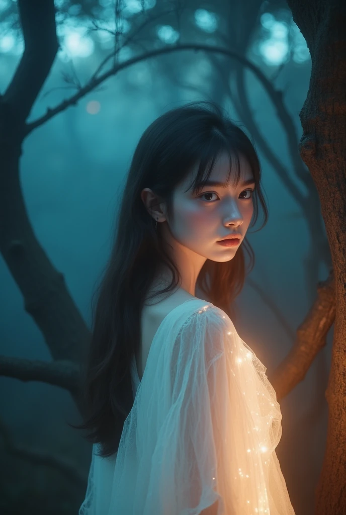 This is a high-quality cinematic portrait photograph, resembling an award-winning piece. It was captured with a high-end full-frame digital camera using cinematic lighting, drawing inspiration from the dramatic yet soft lighting and composition found in Nick Alm's paintings. The image depicts a serene young woman standing amidst a misty pine forest at twilight, illuminated by contrasting cool and warm light.
The central figure is an elegant young woman in her early 20s, featuring a sweet and delicate face, with a heritage that suggests a blend of Kazakh and Xinjiang Chinese features. She has incredibly bright, luminous, and realistically fair skin, where subtle textures and even pores are visible. Her long, dark hair flows gently in a soft breeze, with individual strands gracefully framing her face. She possesses a tranquil gaze and a subtle, mysterious expression that adds depth to her presence.
She is adorned in a light, ultra-sheer, and translucent chiffon dress in a pale white or ivory shade. The fabric texture is clearly visible, subtly catching the ambient side-lighting as the dress flows loosely and ethereally around her body. She strikes a graceful pose, standing slightly to the side, allowing the dramatic side-light to illuminate her form.
The scene is set within a dense, ancient pine forest during twilight hours, dominated by a cool, deep blue ambient atmosphere. Soft, atmospheric mist gently floats through the trees and across the ground. A warm, golden-pink light enters dramatically from the side, creating sharp, realistic highlights and soft, deep shadows on her, the trees, and the forest floor, vividly emphasizing the interplay of cool blue and warm golden light. The background is extremely softly blurred with a creamy bokeh, utilizing an extreme shallow depth of field to focus intensely on the woman. The overall mood is atmospheric, serene, magical, and ethereal.