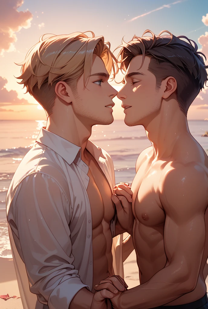 Two handsome guys　kiss　Slim and muscular　Pectoral muscle　Swimwear　anime　erection