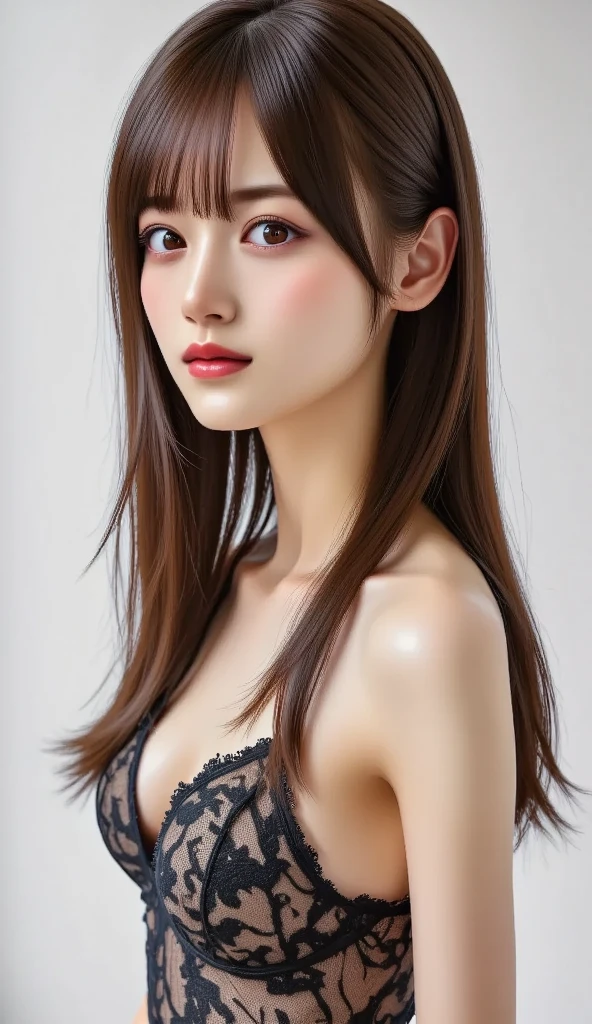 (best Quality:1.4), (hyper quality:1.2), Raw photo, (Realistic, Photorealsitic:1.37), Professional Photography, Cinematic Light, 1girl, solo, super fucking beautiful, extremely cute, Amazing face and eyes, ((cute lace bra)), large breasts, from side, simple background,