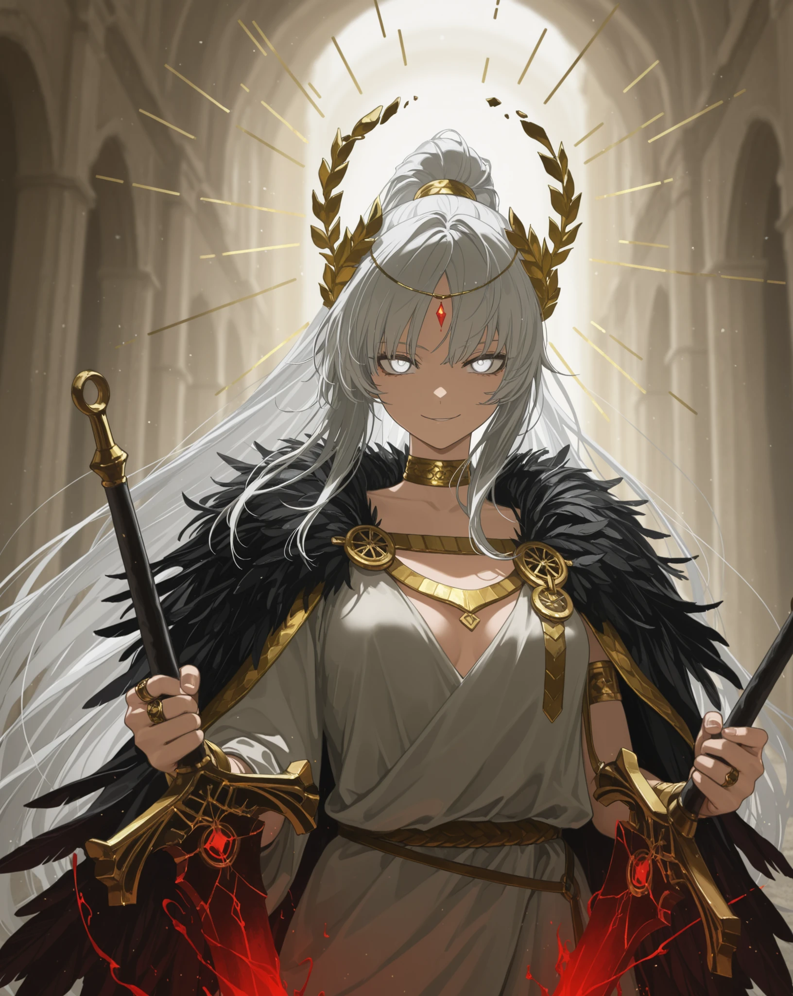 in the style of [inoitoh|yoneyama mai|arknights], god rays, vivid colours, light stream, colour splotches, cinematic shot, , young adult, masterpiece, best quality, amazing quality, very aesthetic, high resolution, ultra-detailed, absurdres, manwha, webtoon,
1girl, solo, upper body focus, close up shot, (HoSenti:0.4), toga, gray hair, very long hair, high-ponytail, white hair, multicolored hair, white eyes, ring eyes, broken halo, greco-roman clothes, ancient greek clothes, golden trimmed clothes, feather shoulder cape, gold choker, laurel crown,
looking at viewer, greco-roman architecture, massive overwhelming blood magic, cursed by gods, smirk, sinister, turned body, dual wielding a red bleeding rune sword, evil sword, cursed sword,

 