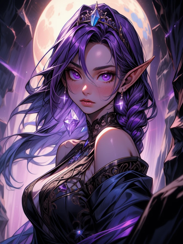 Close-up shot of a woman in a purple dress climbing a mountain, Noah Bradley (Noah Bradley) Inspiring Portraits, cg social hot spots, Fantasy Art, Drow, perfect Drow, female Drow elf, Drow ranger, Dark Elves maiden, handsome Drow, Dark Elves, beautiful Dark Elves countess, from Pathfinder, Dark Elves princess