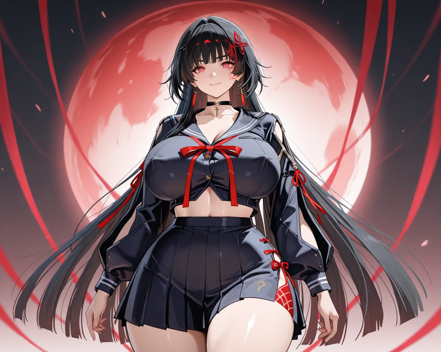 yamashiro768, style of highschool DxD, upper body, best detailed girl, focus on eyes, crossed arms, beautiful detailed fullbody, Perfect female body, woman, 20 years old, black long straight, flowing hair, detailed black hair, beautiful detailed Glass hair, extremely beautiful detailed anime face and eyes, light smile, Fire in eyes, huge breasts, zettai ryouiki, Lavender eyes, highly detailed skin, red bow, detached collar, military, cross-laced footwear, high heels, black legwear, black Clothes, study,BREAK,(gigantic breasts:1.5),