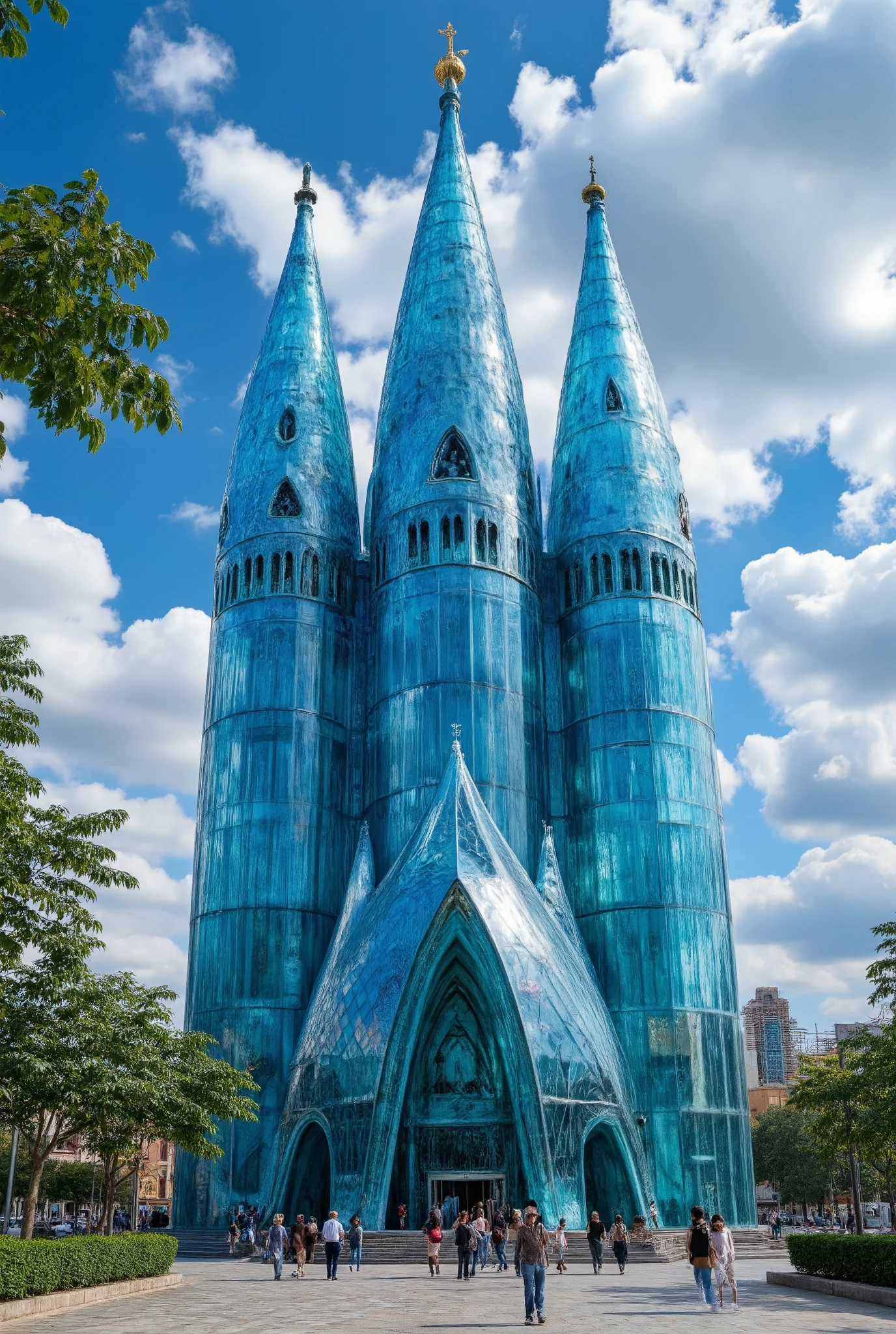 Sagrada Familia,highdefinition images、(A huge, transparent blue glass castle that seems to reach the sky)masterpiece、top quality、Antique Glass Castle Continuing Through the City、Look Up、Blue Sky Flowing、(The completed Sagrada Familia temple made of glass:1.5)、Spanish Glass Castle、 Scenery、Nature、high resolution、photorealism、 (Amazingly Detailed and Clear Glass Castle。