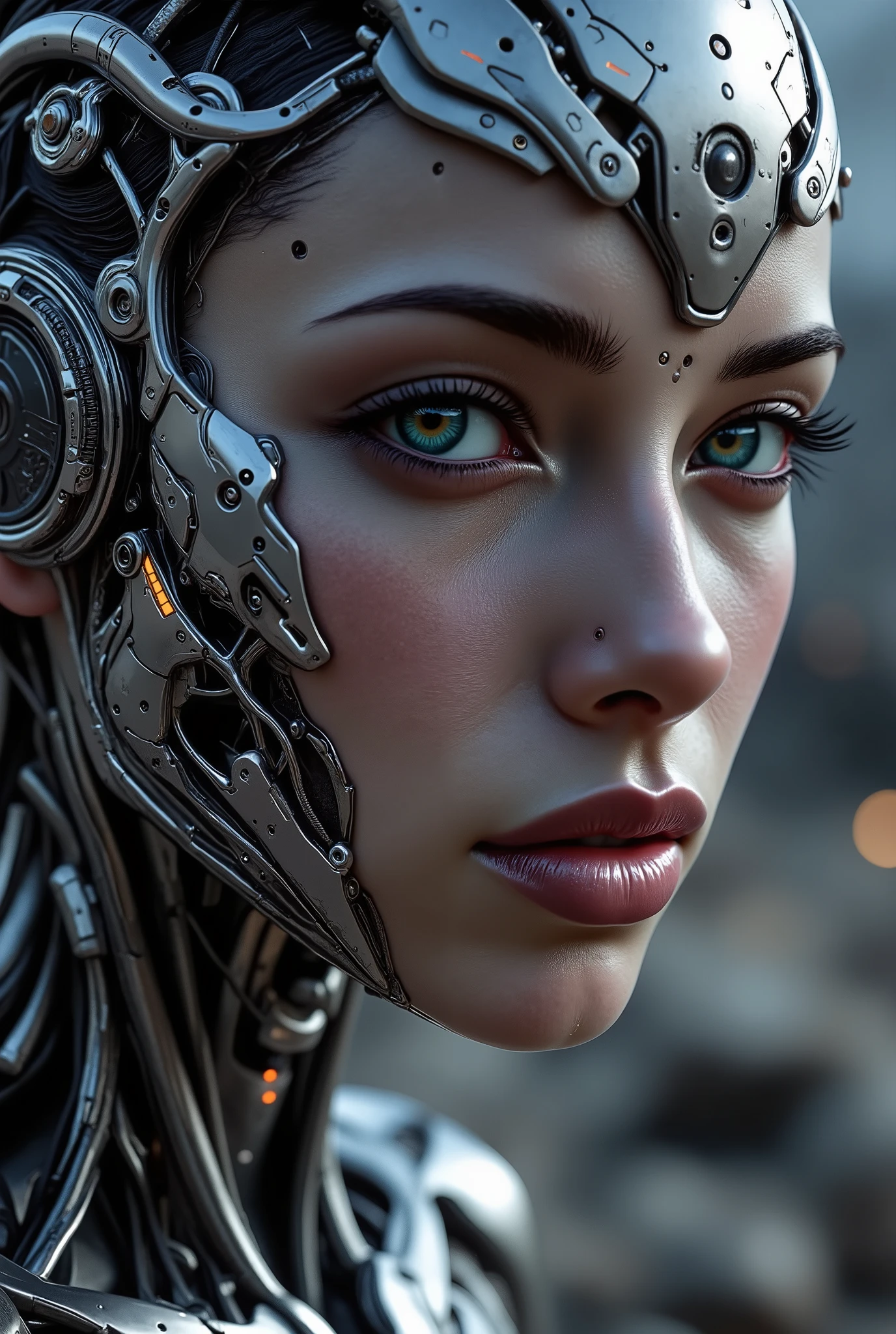 arafed woman, Portrait of a cybernetic woman android Gunslinger. soft features, Soft Illustration with a dynamic background, elegant intricate artstation concept art style of Ashley Wood, Jae Wood, desolate tones, intricate detail, breathtaking masterpiece, dramatic lighting.