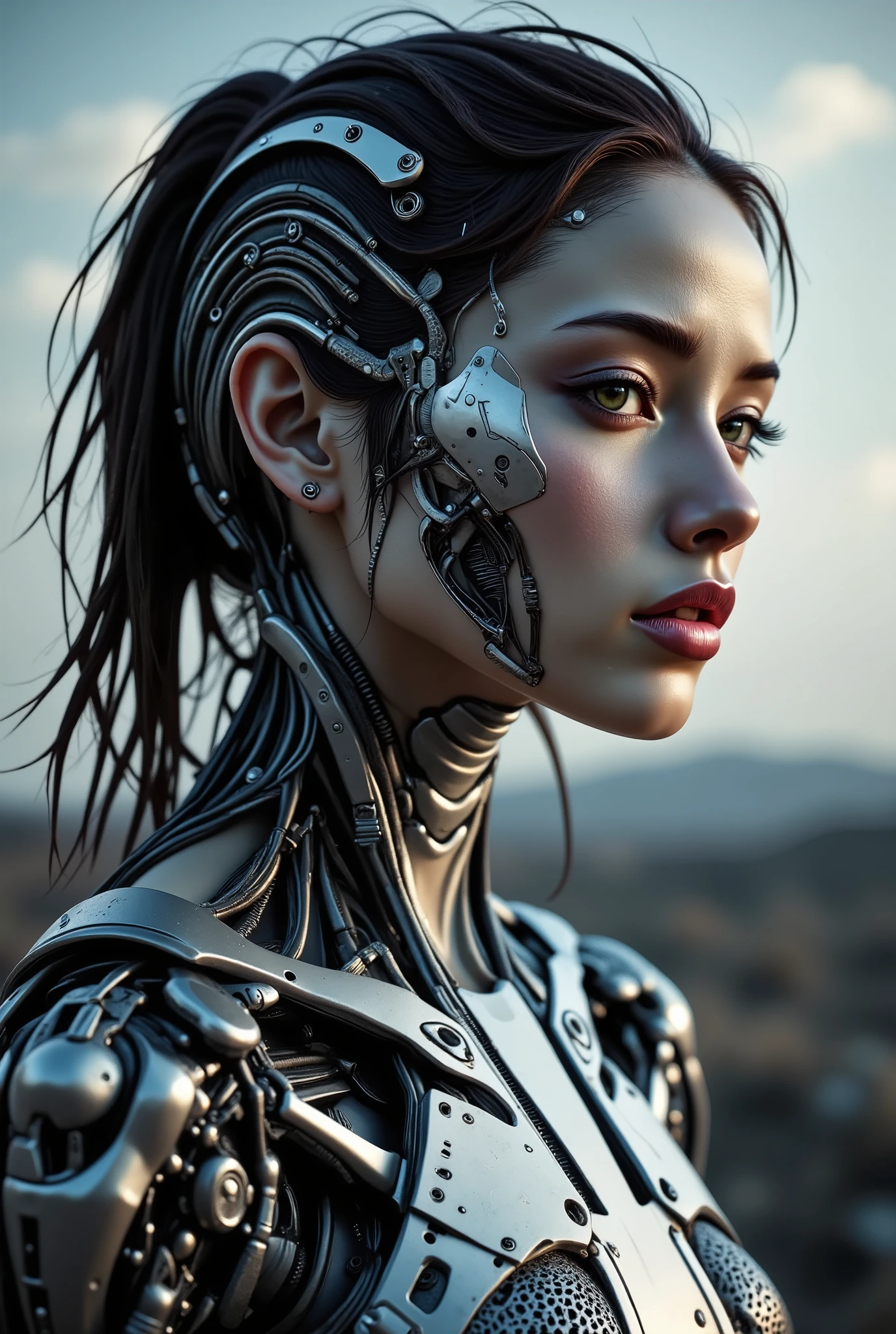 arafed woman, Portrait of a cybernetic woman android Gunslinger. soft features, Soft Illustration with a dynamic background, elegant intricate artstation concept art style of Ashley Wood, Jae Wood, desolate tones, intricate detail, breathtaking masterpiece, dramatic lighting.