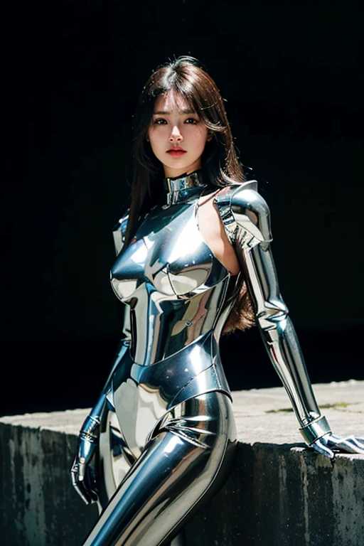 Beautiful Woman Face: 1.3, 19 years old, Anatomically correct: 1.2, Mechanical body: 1.5, Steel Armor: 1.2, Silver Armor: 1.2, Metal Armor: 1.2, Robot: 1.3, Mechanical Joint: 1.2, Prosthetics: 1.2, Artificial Man: 1.23, Ceramic shin guards: 1.2, Long legs, Long calves, Online World Background: 1.5, 150mm, Long hair, studio soft light, Beautiful background, sitting, vibrant details, Cyberpunk: 1.2, Surrealism: 1.1 octane rendering, 8k, best quality, masterpiece, Illustrations, Extreme beauty, Extreme detail, CG, Unity , wallpaper, Reality: 1.1, Realism: 1.37, Amazing detail, Absurdism, Master, Highest quality, Official art, Full body shot