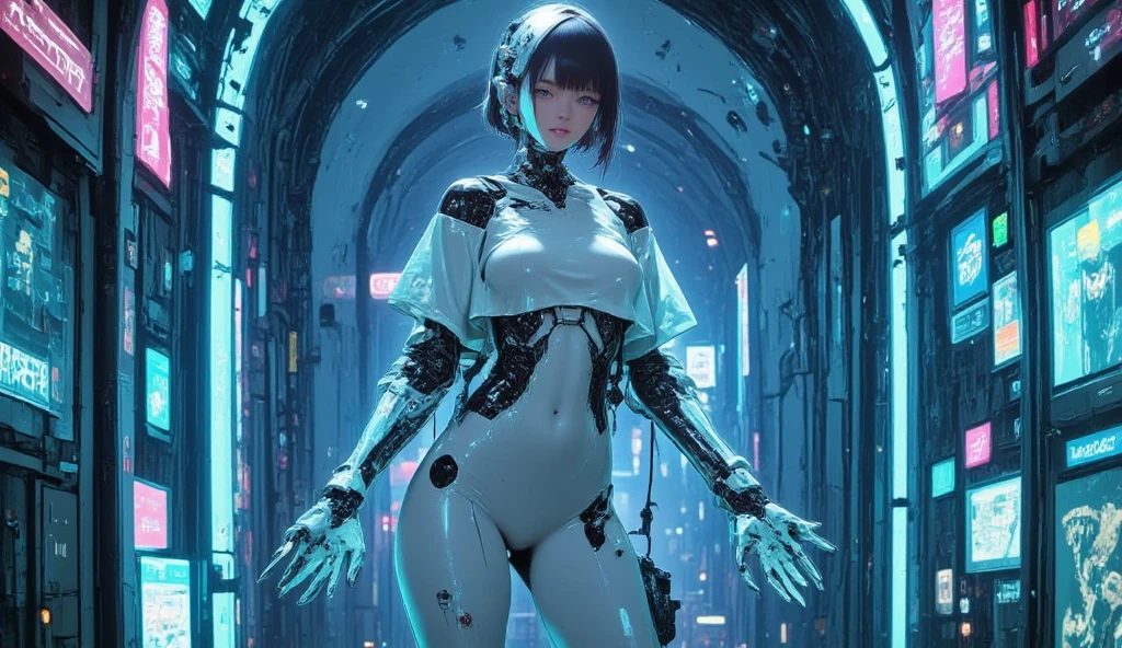 Browsing Caution,((Highest quality、8K、masterpiece:1.3)),Japan Maiden,18-year-old、6.5 lifespan))、Best image quality,Ultra Clear,The facial features are delicate and clear,Exquisite detail,(Camel Toe)、Machine Pattern,Cyberpunk meets goth、Cyber City、(Revealing clothing:1.5)、Slim body、Small breasts、Small Ass、Upright pose、Black Hair、Bob Style、Cropped bangasterpiece、((White leotard))、 ((Plug Suit)), ((Beautiful girl:1.2))、standing、((Cyberpunk Background))、(Neon Light)、Cyberdyne、Beautiful studio soft light、Rim Light、Vivid details、Gorgeous cyberpunk、Ren Hao、Surreal、Anatomical、Facial muscles、elegant、Beautiful background、Octane Rendering