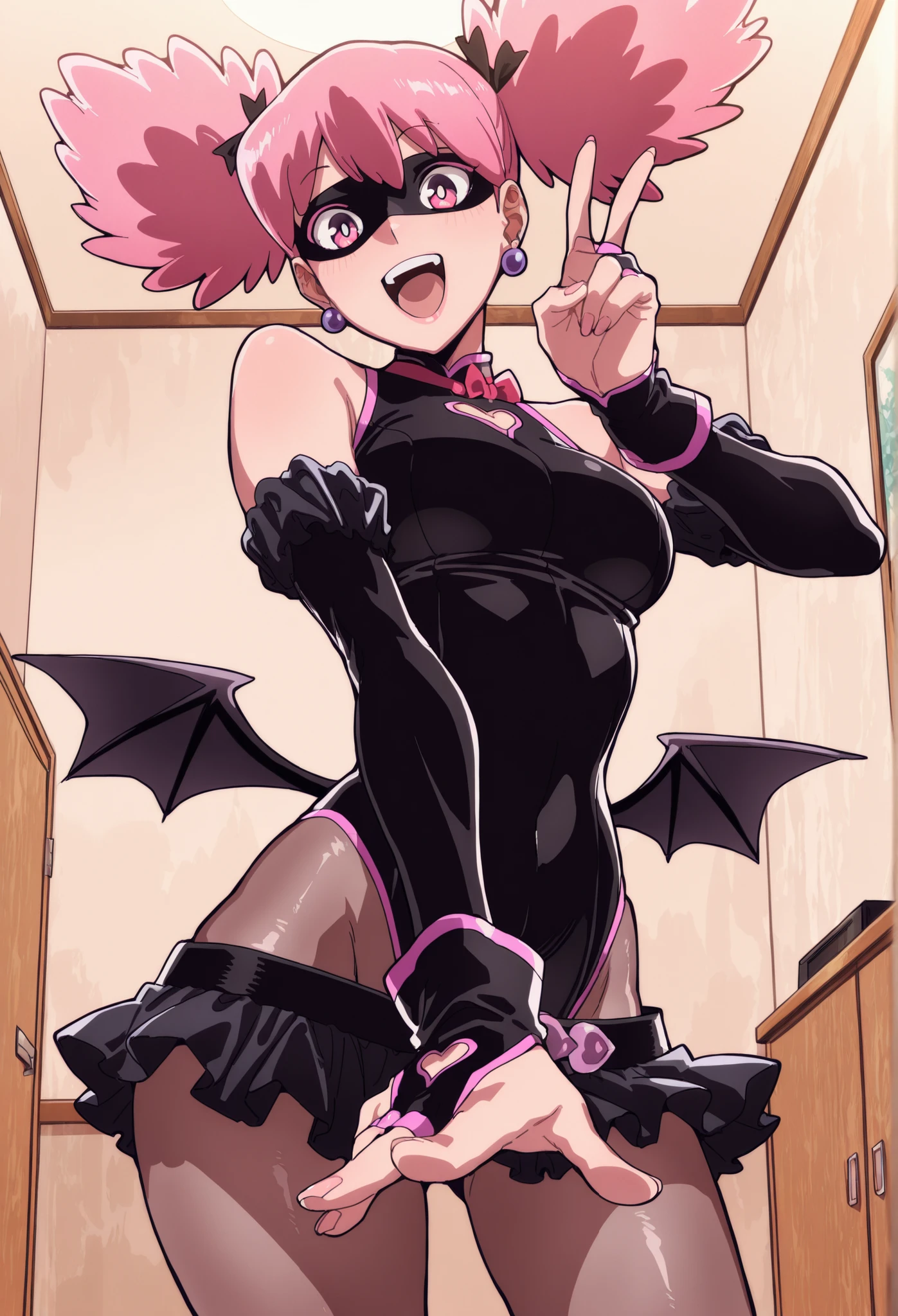 masterpiece, best quality, amazing quality, aesthetic, absurdres, best quality, Kazuho, 1girl, pink hair, solo, wings, earrings, jewelry, mask, twintails, leotard, skirt, pink eyes, bridal gauntlets, gloves, upscale, indoors, pose, foreshortening, v, open mouth, smile, Big Tits,