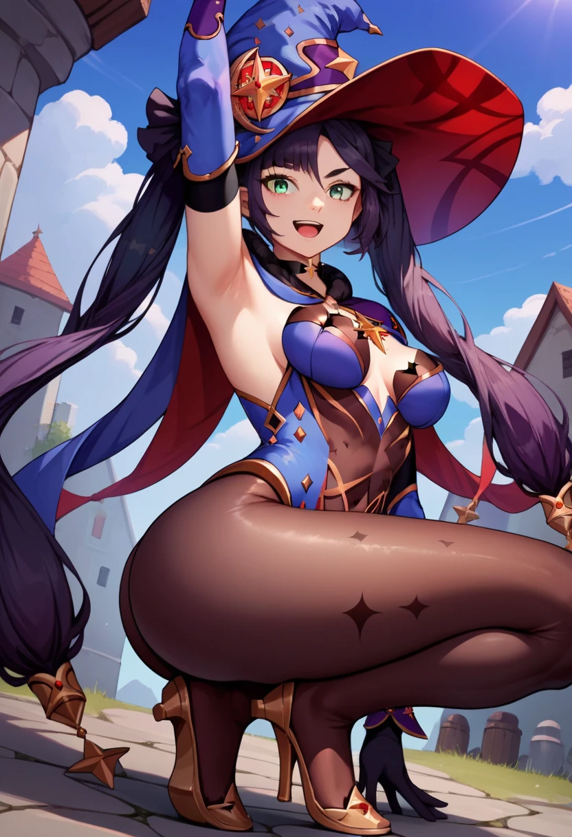 score_9, score_8_up, score_7_up, source anime, anime screencap, masterpiece, expressive eyes, perfect face, cinematic lighting, volumetric lighting, bloom, post processing, Expressiveh, mona from genshin impact, pout, angry brows, (thick thighs, wide hips, bottom heavy, huge ass, curvy), small breasts, clothed, hands on hips, outdoors, daytime, (blush), pantyhose, solo, hat, detached sleeves, mondstadt background, city background, back view, laying on ground, on ground, ass focus, looking at viewer, looking back, on side