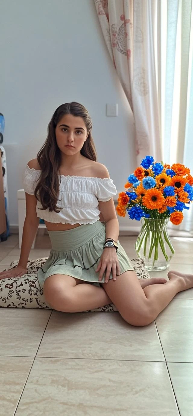 A sexy Pakistan white Chubby girl wearing very short skirt, laying in forest 