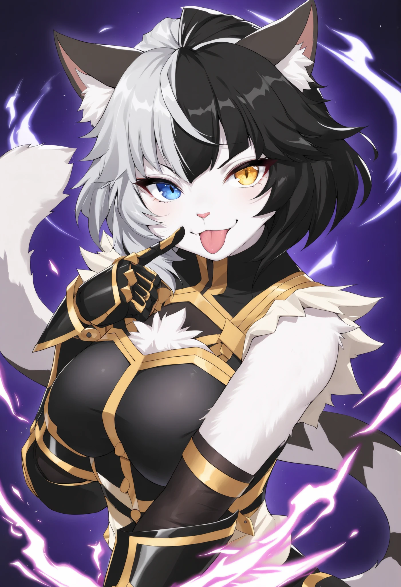 masterpiece, best quality, ultra-detailed, absurdres, 1girl, (furry:1.1), zesshi zetsumei \(overlord\), (cat girl:1.2), (two-tone hair, half black hair, half silver hair:1.2), (heterochromia:1.1), (tongue out:1.3), :p, mischievous smile, smirk, taunting look, looking at viewer, eye contact, fluffy cat ears, long fluffy cat tail, upper body, dynamic pose, wearing black scripture uniform, white and black outfit, gold trim, armored gauntlets, dynamic background, particle effects, glowing aura
