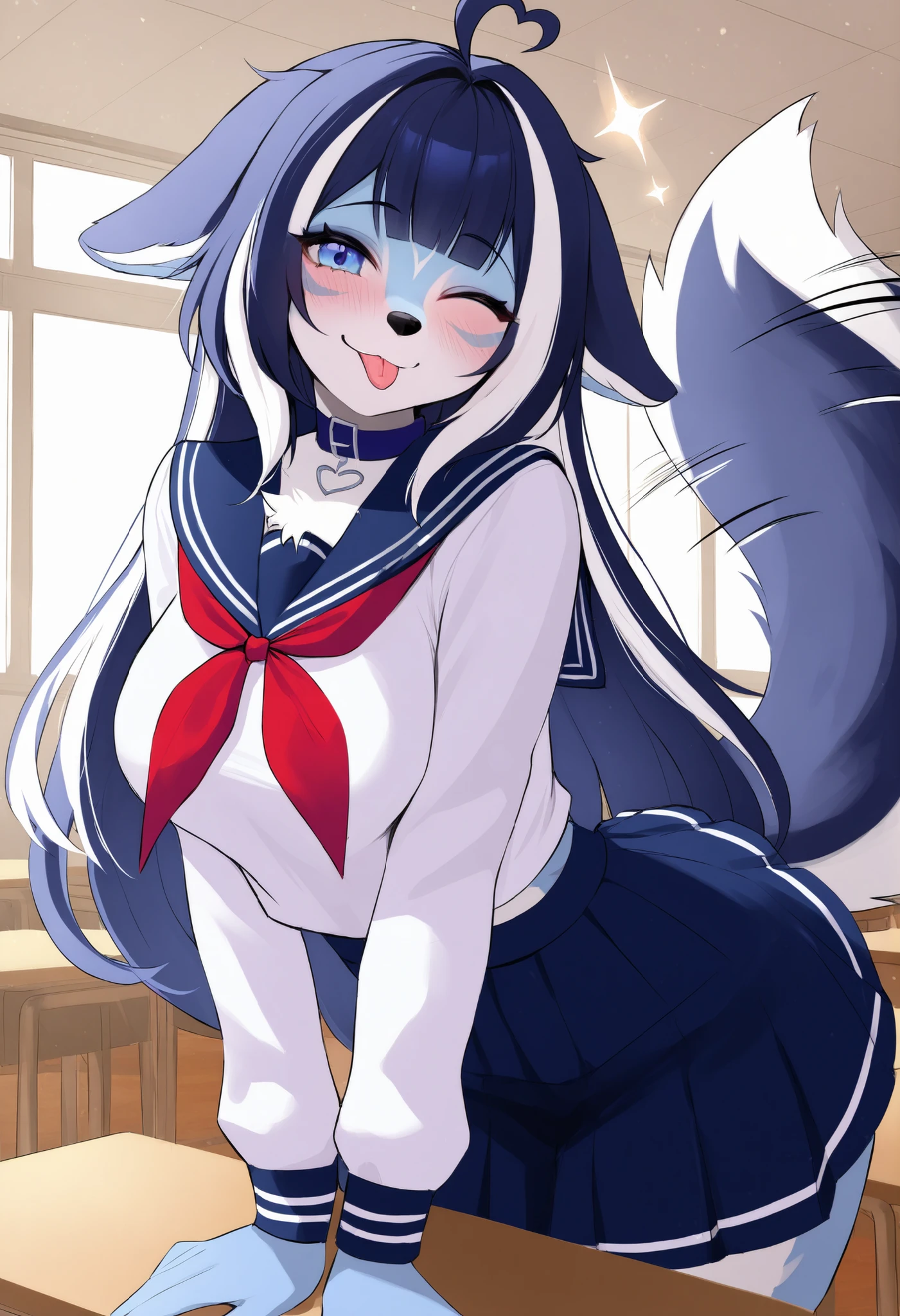 masterpiece, best quality, ultra-detailed, absurdres, 1girl, shylily \(vshojo\), (furry:1.1), (dog girl:1.2), (tongue out:1.3), :p, playful expression, winking, (serafuku:1.2), sailor collar, pleated skirt, (fluffy dog ears:1.1), (fluffy wagging tail:1.1), two-tone hair, white hair, blue streaks, blue eyes, blush, upper body, leaning forward, bright classroom background, sunlight, dust motes, sparkles