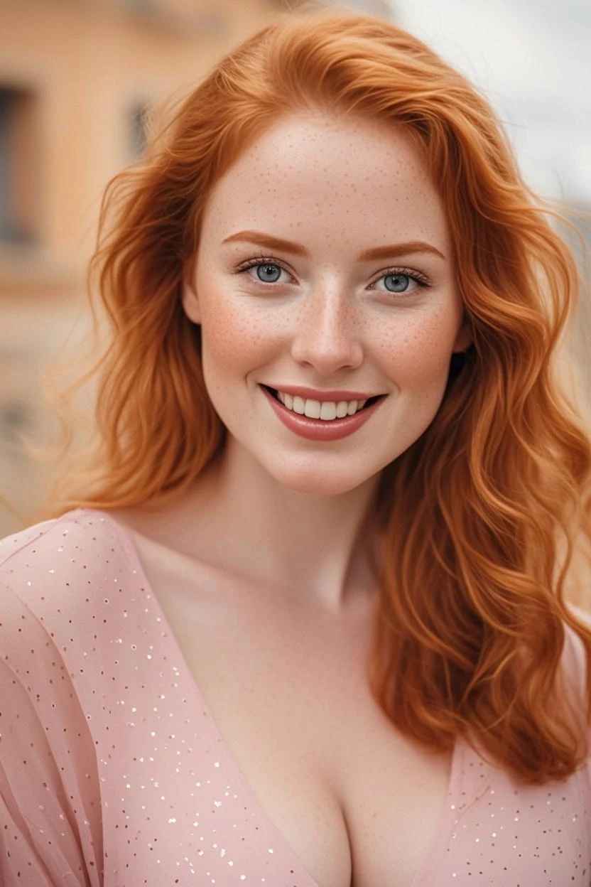 a close up photo of a 20 year old french woman in a blouse at a bar, seductive smile, ginger hair, cinematic light, film still,