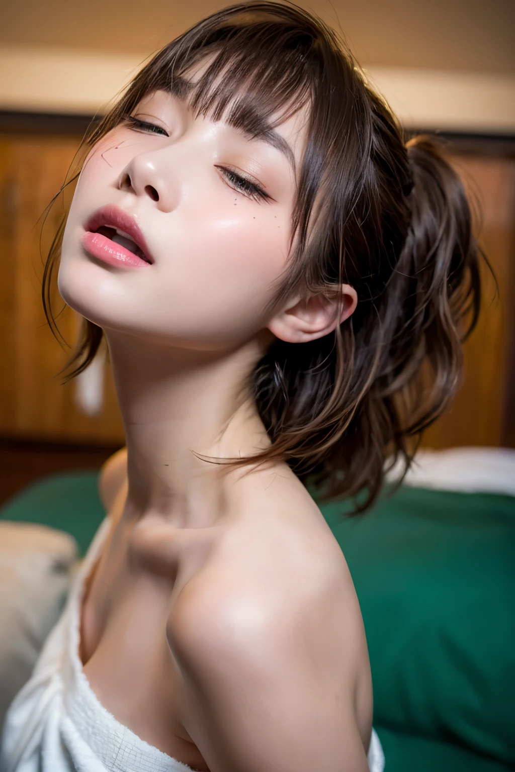 in a lavish bedrrom, a young-adult lady, troubled face, closed eyes, teary-eyed, looking up, with mouth very wide open, licking, greedy gesture, aversion, reluctance, undressed, wearing nothing, close-up shooting from a high position directly above, face is soaked with sweat a lot, drops of drool dripping from the mouth, wavy short length hair, pale yellow and pale red hair, pompadour hairstyle, twisted bangs, hair is shaggy and dishevelled, glamorous figure, chubby, small breasts, flat chest, beautiful sunburned skin, much exposed skin, no makeup, adult sexiness, alluring, {realistic}, {photogenic}, {cinematic lighting}, {vibrant colors}, {hyperdetailed}