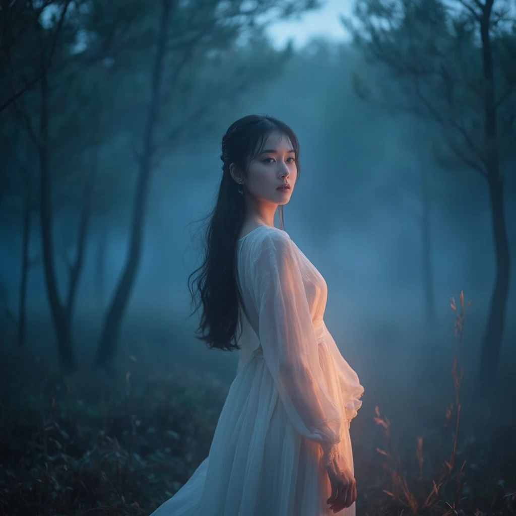 This is a high-quality cinematic portrait photograph, resembling an award-winning piece. It was captured with a high-end full-frame digital camera using cinematic lighting, drawing inspiration from the dramatic yet soft lighting and composition found in Nick Alm's paintings. The image depicts a serene young woman standing amidst a misty pine forest at twilight, illuminated by contrasting cool and warm light.
The central figure is an elegant young woman in her early 20s, featuring a sweet and delicate face, with a heritage that suggests a blend of Kazakh and Xinjiang Chinese features. She has incredibly bright, luminous, and realistically fair skin, where subtle textures and even pores are visible. Her long, dark hair flows gently in a soft breeze, with individual strands gracefully framing her face. She possesses a tranquil gaze and a subtle, mysterious expression that adds depth to her presence.
She is adorned in a light, ultra-sheer, and translucent chiffon dress in a pale white or ivory shade. The fabric texture is clearly visible, subtly catching the ambient side-lighting as the dress flows loosely and ethereally around her body. She strikes a graceful pose, standing slightly to the side, allowing the dramatic side-light to illuminate her form.
The scene is set within a dense, ancient pine forest during twilight hours, dominated by a cool, deep blue ambient atmosphere. Soft, atmospheric mist gently floats through the trees and across the ground. A warm, golden-pink light enters dramatically from the side, creating sharp, realistic highlights and soft, deep shadows on her, the trees, and the forest floor, vividly emphasizing the interplay of cool blue and warm golden light. The background is extremely softly blurred with a creamy bokeh, utilizing an extreme shallow depth of field to focus intensely on the woman. The overall mood is atmospheric, serene, magical, and ethereal.