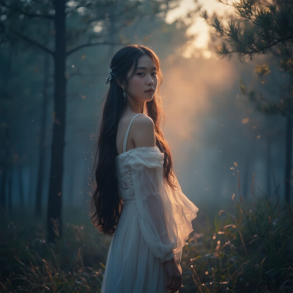 This is a high-quality cinematic portrait photograph, resembling an award-winning piece. It was captured with a high-end full-frame digital camera using cinematic lighting, drawing inspiration from the dramatic yet soft lighting and composition found in Nick Alm's paintings. The image depicts a serene young woman standing amidst a misty pine forest at twilight, illuminated by contrasting cool and warm light.
The central figure is an elegant young woman in her early 20s, featuring a sweet and delicate face, with a heritage that suggests a blend of Kazakh and Xinjiang Chinese features. She has incredibly bright, luminous, and realistically fair skin, where subtle textures and even pores are visible. Her long, dark hair flows gently in a soft breeze, with individual strands gracefully framing her face. She possesses a tranquil gaze and a subtle, mysterious expression that adds depth to her presence.
She is adorned in a light, ultra-sheer, and translucent chiffon dress in a pale white or ivory shade. The fabric texture is clearly visible, subtly catching the ambient side-lighting as the dress flows loosely and ethereally around her body. She strikes a graceful pose, standing slightly to the side, allowing the dramatic side-light to illuminate her form.
The scene is set within a dense, ancient pine forest during twilight hours, dominated by a cool, deep blue ambient atmosphere. Soft, atmospheric mist gently floats through the trees and across the ground. A warm, golden-pink light enters dramatically from the side, creating sharp, realistic highlights and soft, deep shadows on her, the trees, and the forest floor, vividly emphasizing the interplay of cool blue and warm golden light. The background is extremely softly blurred with a creamy bokeh, utilizing an extreme shallow depth of field to focus intensely on the woman. The overall mood is atmospheric, serene, magical, and ethereal.