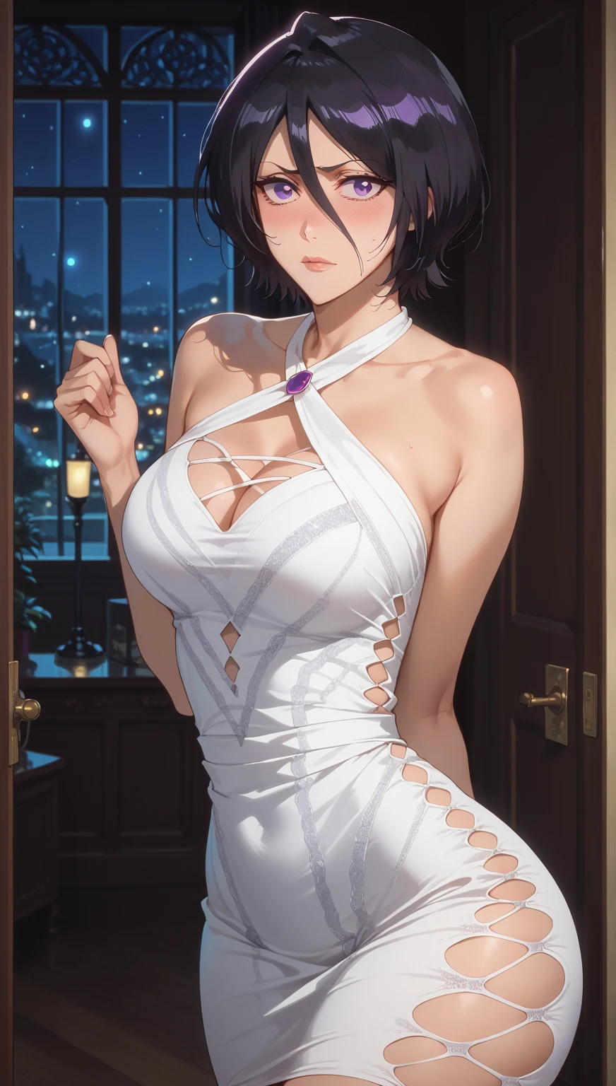 ultra_detailed, highres, absurdres, masterpieces, (cowboy shot), 1girl, looking at viewer, short hair, white hair, (tsurime), blue eyes, large breasts, cleavage, thigh, smile, (closed mouth), revealing dress, silver dress, indoor, hotel room