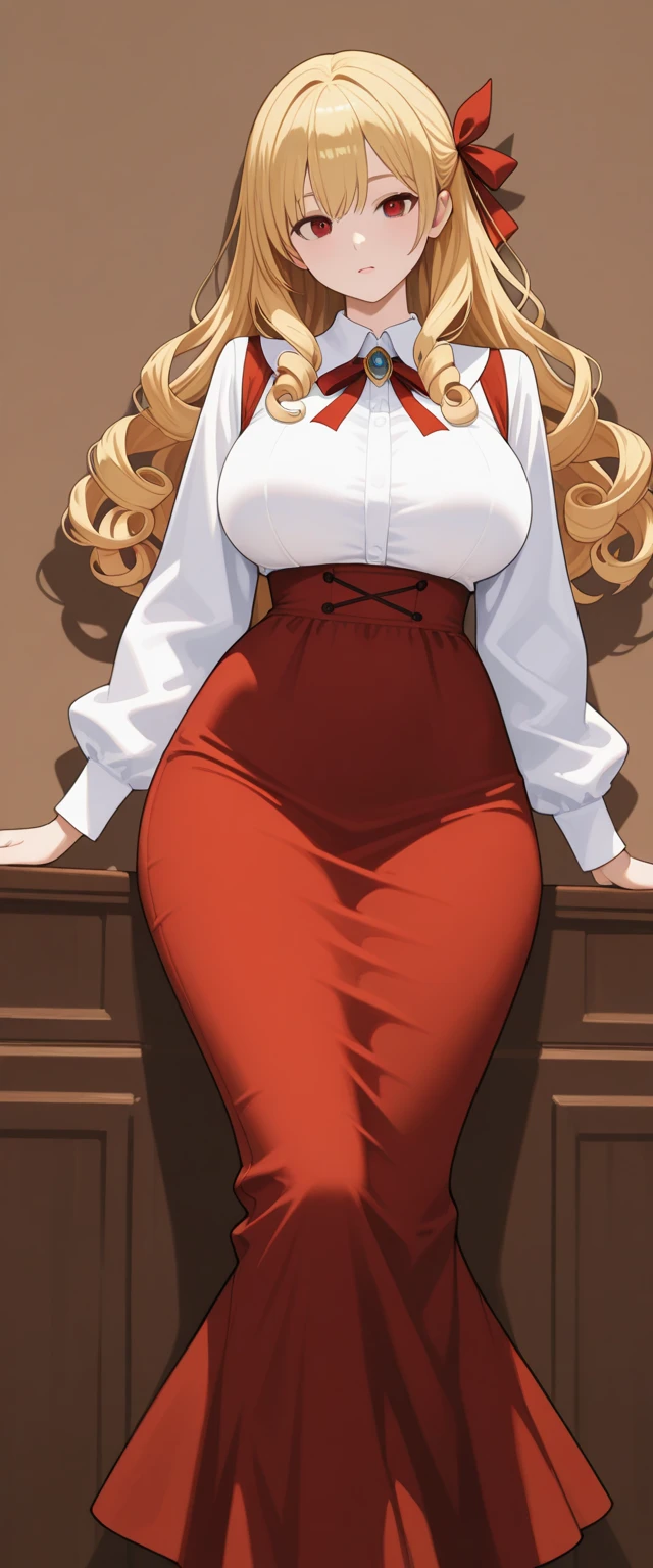 An extremely beautiful busty woman, with gold blonde long silky hair, blue eyes, extremely super bright snow white fair stunning flawless glowing lush shiny white skin, and complexion, a perfect tight hourglass figure, a thick plump ass, cleavage, and perfect hips, wearing a short loose white revealing floral dress with a brown off-the-shoulder cardigan, yellow heels, jewelry on the neck, gold bangles on her wrist, and silver anklets on her legs, a cute adorable smile on lips, pink lips, pink nails, red rose on hair, standing straight, hands joined together, looking at the viewer, big wooden living room in the background with cozy interior, show full body from head to feet.